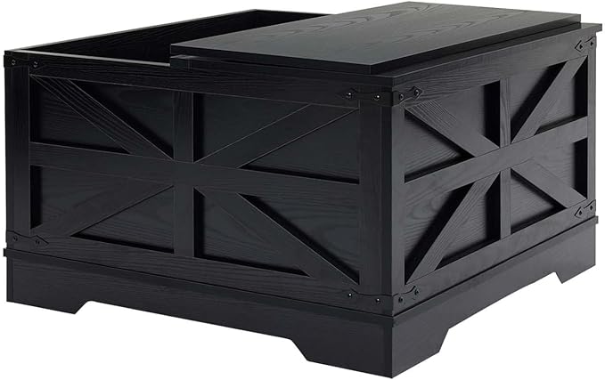 Black Coffee Table with Storage, Cocktail Table with Hinged Lift Top, Farmhouse Square Wood Center Table with Large Hidden Storage Compartment for Living Room, Square Coffee Table, Metal Edges Decor-Ruum Studio Home