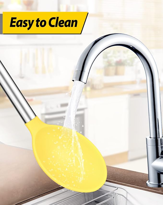 Pack of 2 Large Silicone Cooking Spoons,Non Stick Solid Basting Spoon,Heat-Resistant Kitchen Utensils for Mixing,Serving,Draining,Stirring (YELLOW)-Ruum Studio Home
