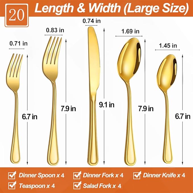 20 Pcs Gold Silverware Set for 4 with Simple Striped Handle Design, Food Grade Stainless Steel Flatware Set, Eating Utensils Sets Include Fork/Knife/Spoon, Cutlery Set, Dishwasher Safe-Ruum Studio Home