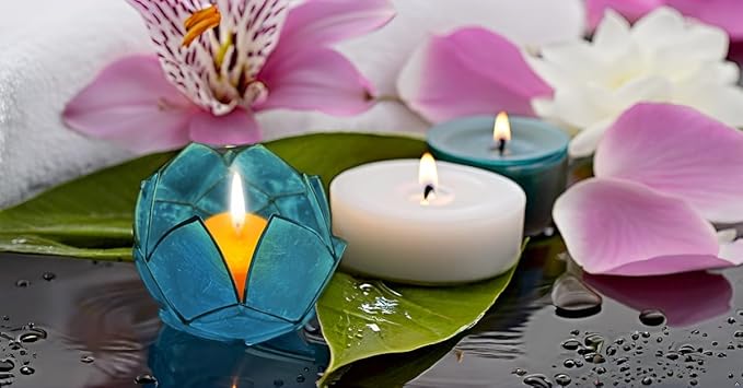 Blooming Lotus Capiz Shell Tealight Candle Holder, Handcrafted Decorative Tea Light Candleholder with Translucent Flower Petals for Ambient Illumination and Natural Elegance, Aquamarine-Ruum Studio Home