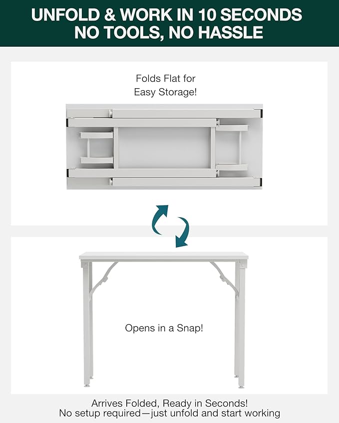 Frylr Small Folding Computer Desk β 35.8 Inch Portable Table for Craft and Study, Lightweight Desk for Small Spaces, Foldable Laptop Table Built-in AC/USB Outlets for Convenience, White