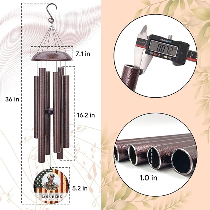 36inch Personalized Wind Chimes, Memorial Wind Chimes for US Veteran, Wind Chime for Loss of Loved Dad/Mom, Sympathy Memorial Gifts, Thank You Veteran Solider-Ruum Studio Home