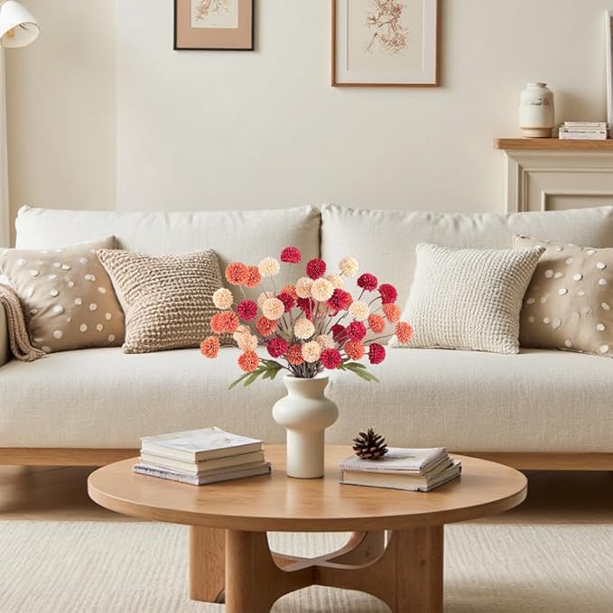 Faux Kiku Flowers Fall 10 Stems & 2 Eucalyptus, Fake Mums Pompon Flower Ball, Autumn Burnt Orange Artificial Chrysanthemums Flowers for Boho Decor, Mini Faux Kiku Flower Wedding Arrangements Decor-Ruum Studio Home