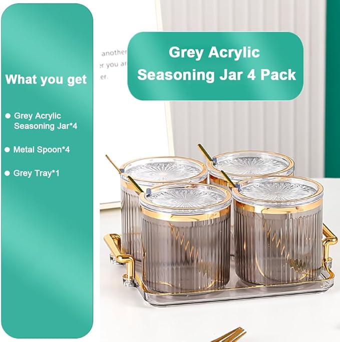 Acrylic Condiment Spice Jars,Condiment Spice Box With Lids and Spoons and Tray,Clear Plastic Condiment Canisters,Seasoning Box 4 Pack,Seasoning Box Set for Kitchen to Storage Salt,Paprika,Sugar-Ruum Studio Home