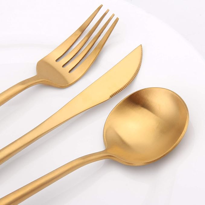 Matte Gold Silverware Set, Vanys 20 Piece Stainless Steel Cutlery Flatware Set, Kitchen Utensil Sets for 4, Tableware With Knife Spoons And Forks Set, Satin Finished Polished-Ruum Studio Home