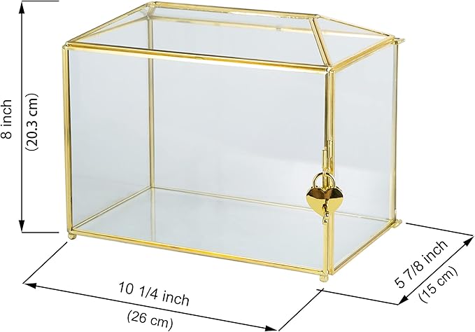 Glass Wedding Card Box with Slot, Large Clear Card Box 10.2 inch Gold Brass Gift Card Storage Box with Lock for Wedding Receptions, Baby Shower, Birthday Party, Bridal Shower-Ruum Studio Home