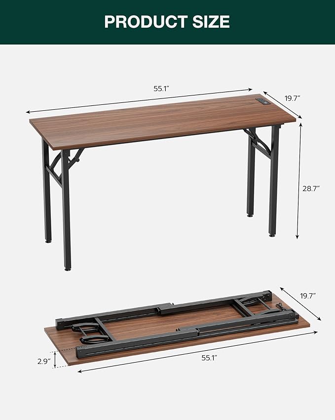 Frylr Small Folding Computer Desk β 55.1 Inch Portable Table for Craft and Study, Lightweight Desk for Small Spaces, Foldable Laptop Table Built-in AC/USB Outlets for Convenience, Dark Walnut