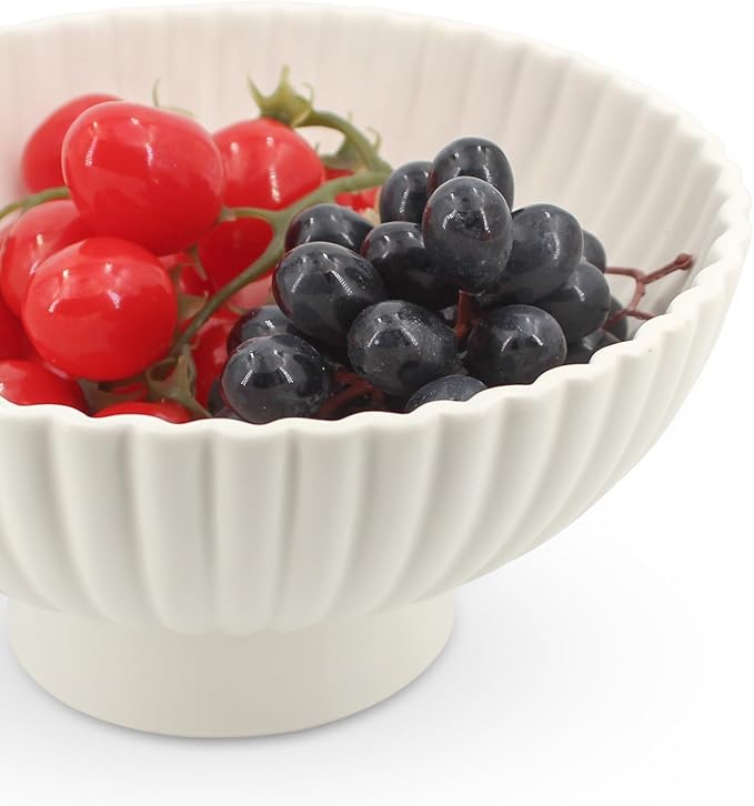White Ceramic Fluted Decorative Bowl - 8 inch Fruit Footed Bowl for Kitchen Counter, Modern Key Pedestal Ruffle Bowl for Entryway Table & Home Organization-Fits Bread, Fruits, Salad or Popcorn-Ruum Studio Home