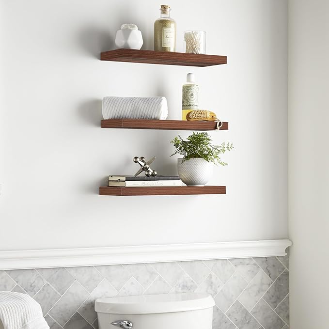 BAYKA Floating Shelves for Wall, Wall Mounted Rustic Wood Shelves for Bathroom, Bedroom, Living Room, Kitchen,Small Hanging Shelf for Books/Storage/Room Decor (Walnut-Like, Set of 3, 15.7in)-Ruum Studio Home