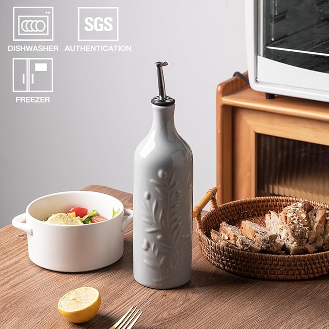 Sweejar Large Olive Oil Dispenser Bottle with Spout, 24 Oz Ceramic Oil Dispenser for Kitchen, Relief Opaque Oil Cruet, Oil Container for Cooking, EVOO, Avocado Oil, Vinegar, Pack of 1(Gray)-Ruum Studio Home