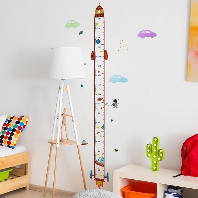 Rocket Self-adheve Vinyl Nursery Wall Decal Baby Growth Chart Sticker for Bedroom Play Room Peel and Stick Kindergarten Height Measure Mural-Ruum Studio Home