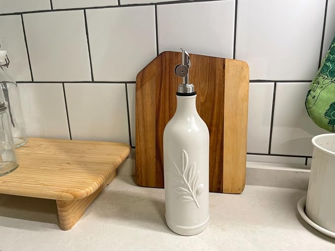 20 Oz Ceramic Olive Oil Dispenser Bottle, with Stainless Steel Spout & Funnel, Ideal for Oil, Vinegar, Coffee Syrup & Liquids (White)-Ruum Studio Home