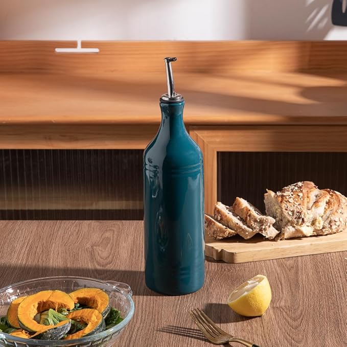 Sweejar Large Ceramic Olive Oil Dispenser Bottle, Opaque Oil Cruet Protects Oil to Reduce Oxidation, Suitable for Storage Oil, Vinegar, Soy Sauce & Other Liquids, Pack of 1, 24 Fl Oz (Teal Green)-Ruum Studio Home