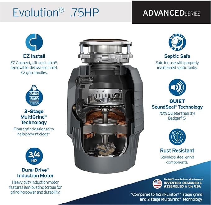 InSinkErator EVOLUTION 0.75HP 3/4 HP, Advanced Series EZ Connect Continuous Feed Food Waste Garbage Disposal, Gray-Ruum Studio Home