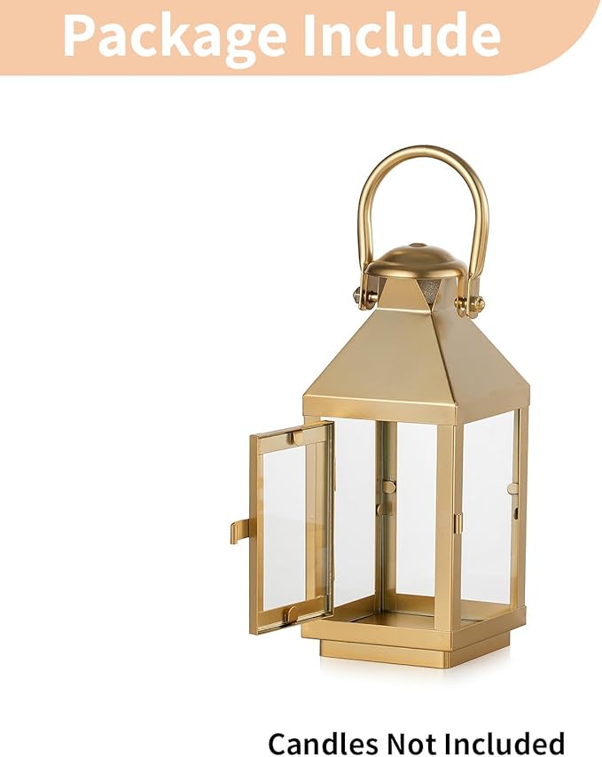 NUPTIO Gold Lanterns Decorative Indoor: 8.6 Inch Tall Metal Lantern with Glass for Pillar Candle - Fireplace Decor for Christmas Home Living Room Mantle Porch Wedding-Ruum Studio Home