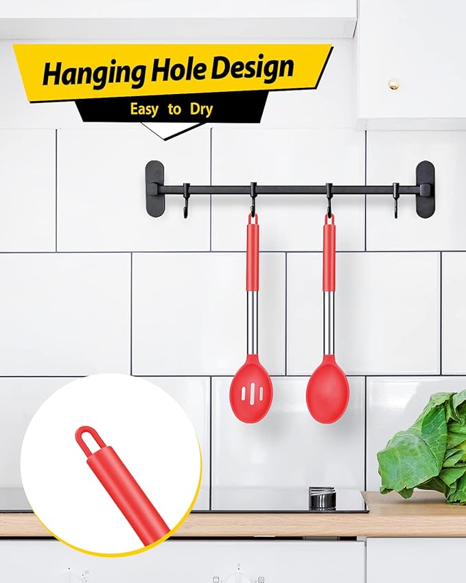 Pack of 2 Large Silicone Cooking Spoons,Non Stick Solid Basting Spoon,Heat-Resistant Kitchen Utensils for Mixing,Serving,Draining,Stirring (RED)-Ruum Studio Home