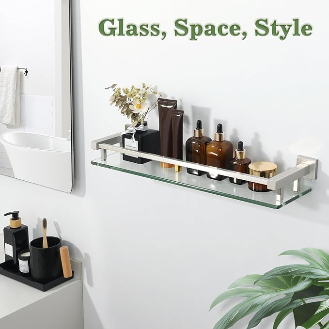 Alise Bathroom Shelves,Brushed Nickel Glass Shelf for Bathroom, Modern Floating Shelves,20 inch-Ruum Studio Home