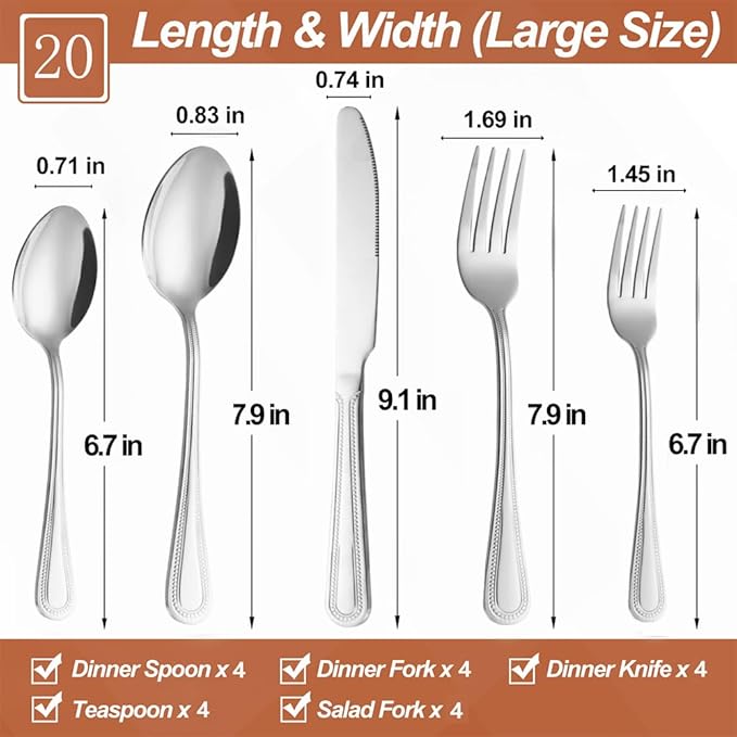 20 Pcs Silverware Set for 4 with Pearled Edge Handle design, Food Grade Stainless Steel Flatware Set, Eating Utensils Sets Include Fork/Knife/Spoon, Reusable Cutlery Set, Dishwasher Safe-Ruum Studio Home