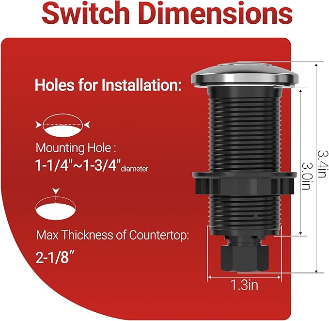 APIELE Garbage Disposal Air Switch Kit, Sink Top Push Button Switch for Food Waste Disposer, UL Listed 3.6" Long On/Off Air Button (Glossy Stainless Steel)-Ruum Studio Home