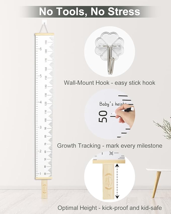 6.5FT Growth Chart for Kids with Wooden Keepsake Box - Children Height Measurement Kit Includes Marker Pen & Wall Hook, Height Tracker Ruler Baby Essentials, Nursery Room Decor Gift for Baby to Teen-Ruum Studio Home