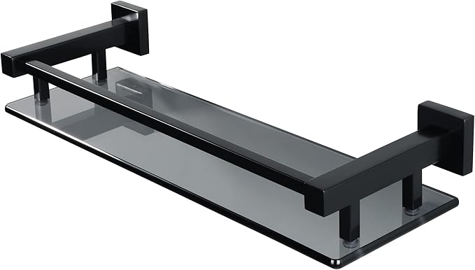 Alise Bathroom Glass Shelf with Stainless Steel Railing, Matte Black Small Tempered Glass Floating Wall Shelf Over The Toilet, 16 inch-Ruum Studio Home