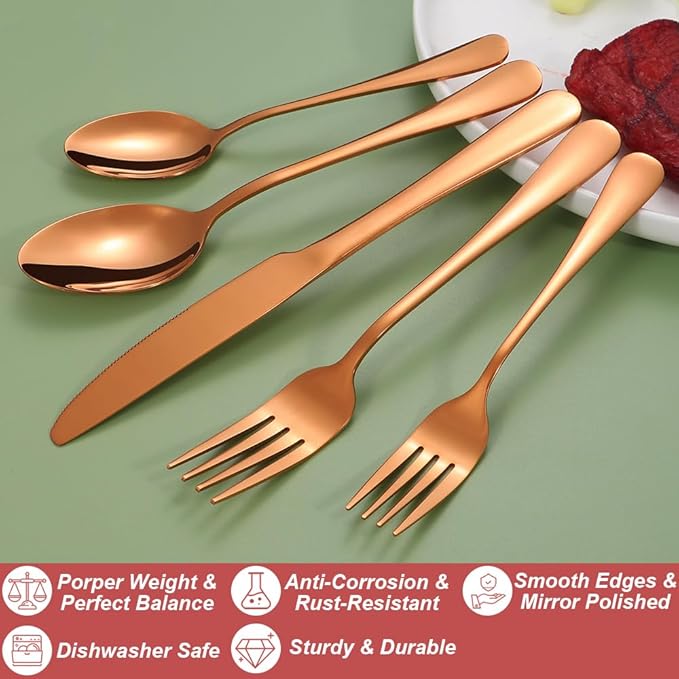 50 Pcs Rose Gold Silverware Set for 10, Food Grade Stainless Steel Flatware Set, Eating Utensils Sets Include Fork/Knife/Spoon,Home Kitchen Tableware Set, Reusable Cutlery Set, Dishwasher Safe-Ruum Studio Home