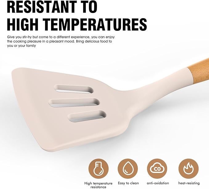 Silicone Cooking Utensils Set - Silicone Kitchen Utensils for Cooking Wooden Handles, 446°F Heat Resistant Kitchen Utensil Spatula Sets w Holder, Gadgets for Non-Stick Cookware BPA FREE (Khaki)-Ruum Studio Home