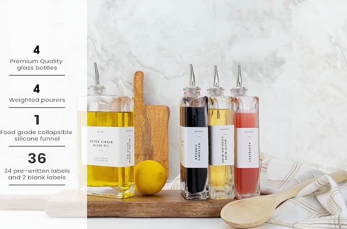 Molimoli Olive Oil Dispenser Bottle for Kitchen, Automatic Pourer, Glass Dispenser for Kitchen, Olive Oil Cruet, | Set of 4 - Silver-Ruum Studio Home