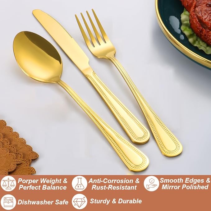 40 Pcs Gold Silverware Set for 8 with Pearled Edge Handle design, Food Grade Stainless Steel Flatware Set, Eating Utensils Sets Include Fork/Knife/Spoon, Reusable Cutlery Set, Dishwasher Safe-Ruum Studio Home