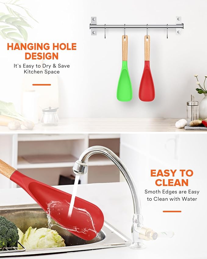 Cooking Spoon for Nonstick Cookwares, Great for Cooking and Serving Sturdy BPA-Free Matte Silicone, Wood Handle Spoon for Mixing, Scoop, and Scrape (AGR, 11.4 inch)-Ruum Studio Home