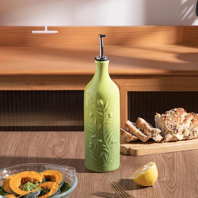 Sweejar Large Olive Oil Dispenser Bottle with Spout, 24 Oz Ceramic Oil Dispenser for Kitchen, Relief Opaque Oil Cruet, Oil Container for Cooking, EVOO, Avocado Oil, Vinegar, Pack of 1(Gradient Green)-Ruum Studio Home