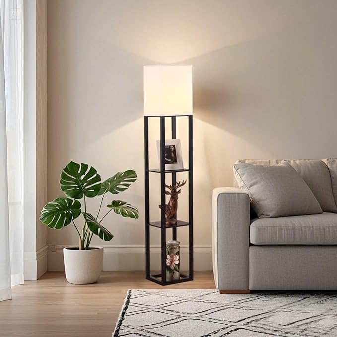 HomeFocus - Floor Lamp with Shelves,Shelf Floor Lamp with LED Bulb,Bookshelf Corner Display Lamp for Living Room,Bedroom and Office,White Linen Shade,Rustic Wood,Black-Ruum Studio Home