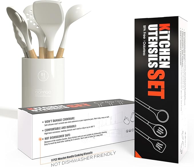 Silicone Cooking Utensils Set - 446°F Heat Resistant Silicone Kitchen Utensils for Cooking,Kitchen Utensil Spatula Set w Wooden Handles and Holder for Non-Stick Cookware, BPA FREE (Cream White)-Ruum Studio Home