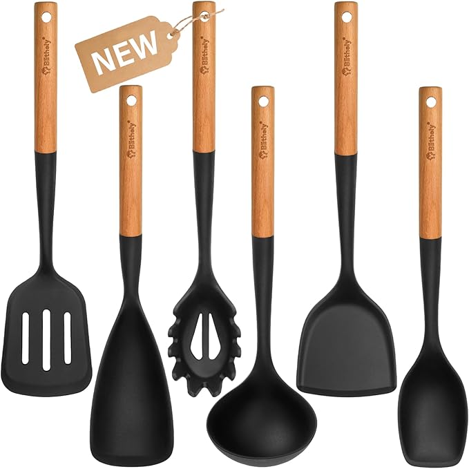 Silicone Cooking Utensils Set, 6 Pack Large Kitchen Utensils Set with Wooden Handle, Heat Resistant Silicone Utensil Spatula Set for Nonstick Cookware, Spatula, Turner, Spoon, Ladle BPA Free (Black)-Ruum Studio Home
