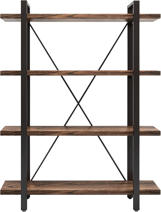 4 Tier Bookshelf Solid Wood Bookcase and Book Shelves Wood and Metal Shelving Rustic Open Bookshelf Office,Distressed Brown (AY-02-4Tier)-Ruum Studio Home