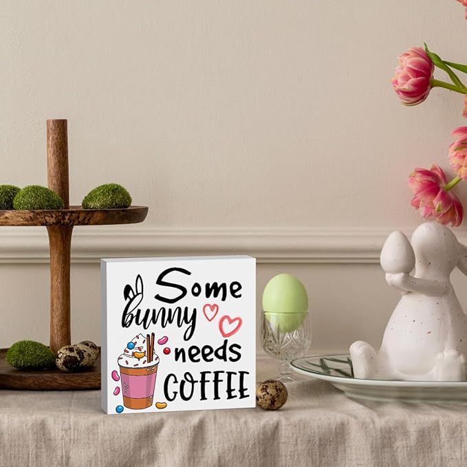 Rustic Farmhouse Easter Country Home Office Coffee Tables Desk Decor Coffee Bar Some Bunny Needs Coffee Sign Cubicle Shelf Tiered Tray Decor Gift Ideas 5 X 5 Inch-Ruum Studio Home