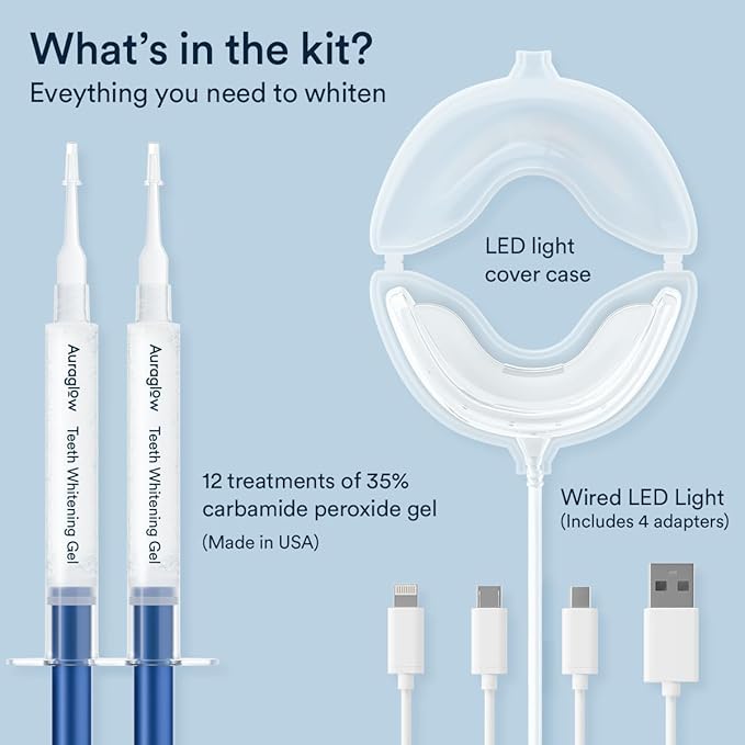 Auraglow Teeth Whitening Kit, Wired LED Accelerator Light, 35% Carbamide Peroxide Teeth Whitening Gel, 12 Whitening Treatments, Whitens up to 10 Shades in 7 Days-Ruum Studio Home