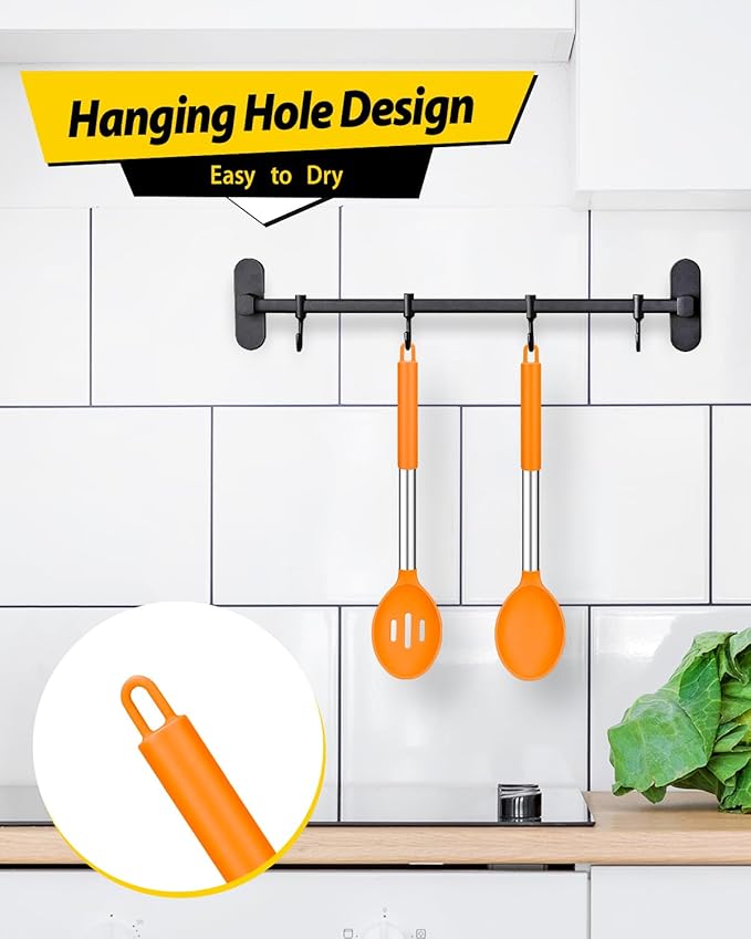 Pack of 2 Large Silicone Cooking Spoons,Non Stick Solid Basting Spoon,Heat-Resistant Kitchen Utensils for Mixing,Serving,Draining,Stirring (ORANGE)-Ruum Studio Home