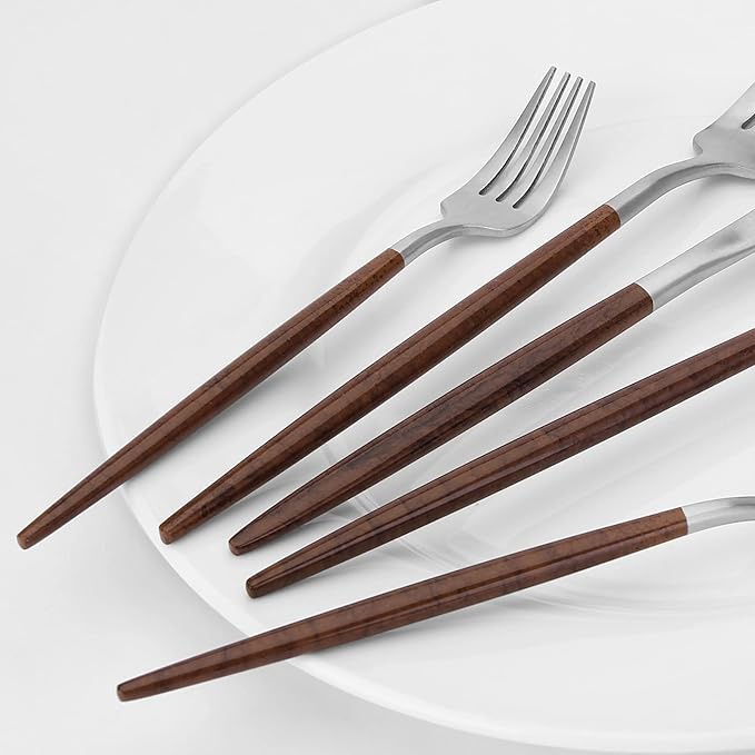 Matte Silver Silverware Set With Brown Handle, Vanys 20 Piece Stainless Steel Cutlery Flatware Set, Kitchen Utensil Sets for 4, Tableware With Knife Spoons And Forks Set, Satin Finished Polished-Ruum Studio Home