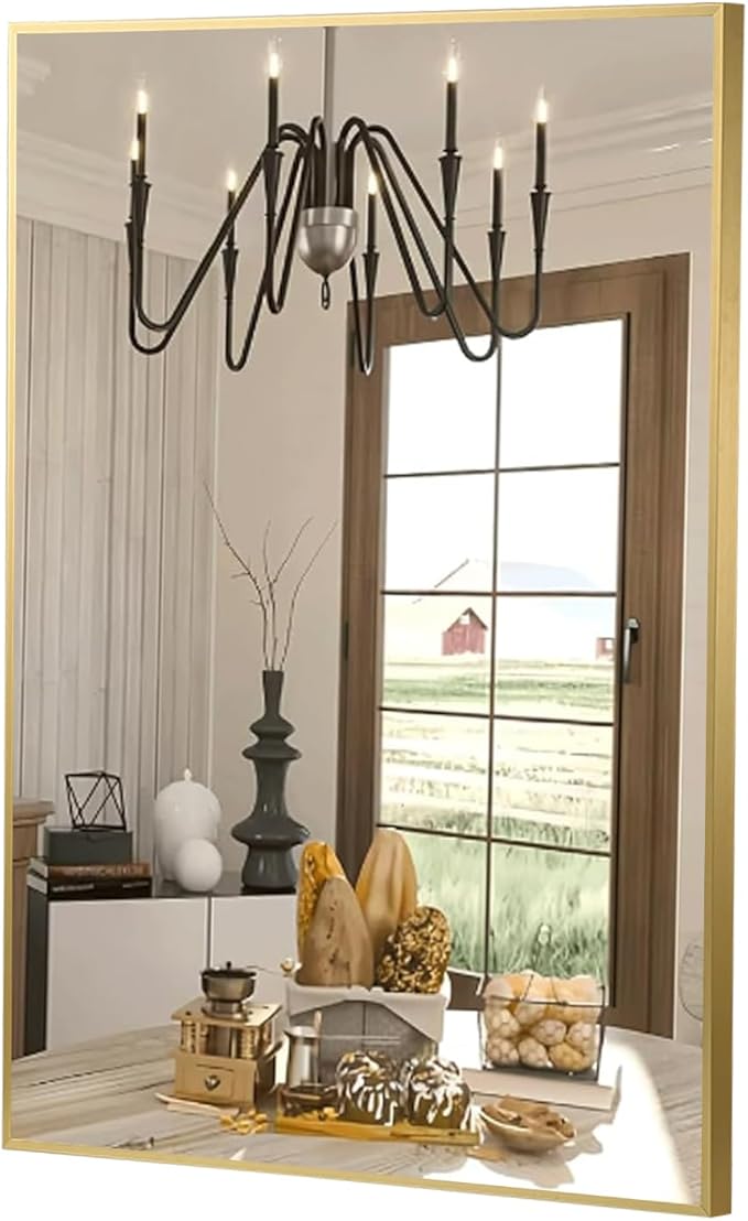FARMER 20x30 Inch Gold Bathroom Mirror, Rectangle Wall Mounted Mirror, Vanity Mirror, Brushed Square Mirror, Framed Bathroom Mirror for Bedrooms, Entryways, Living Rooms, Horizontal/Vertical-Ruum Studio Home
