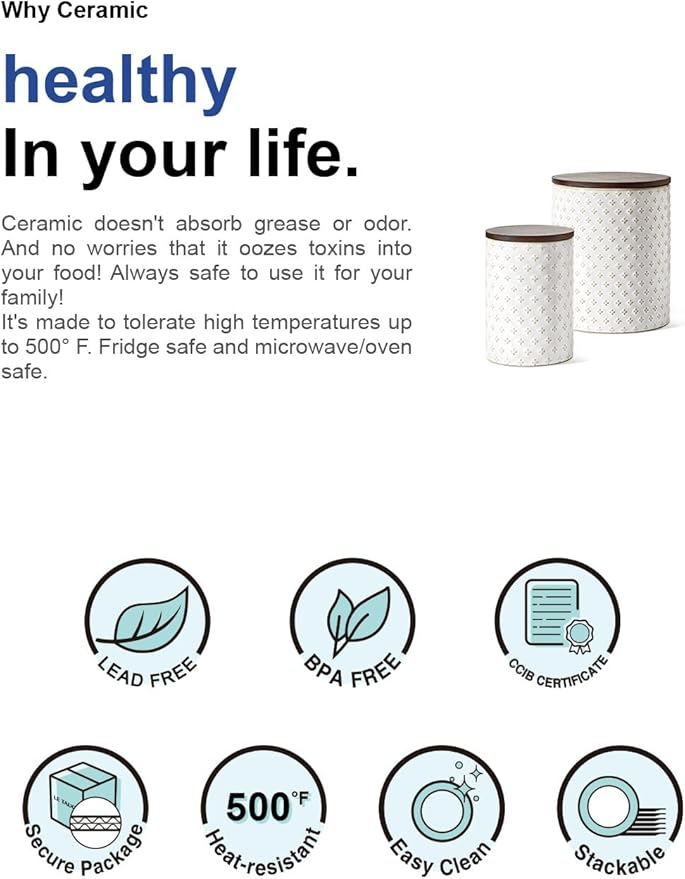 LE TAUCI Food Storage Containers with Airtight Lids, 78/25 oz Ceramic Sugar Canisters Sets, Embossed Large Jars for Pasta, Oats, Coffee Bean, Cookies, Rice, Grains, Tea - Set of 2, Clover-Ruum Studio Home