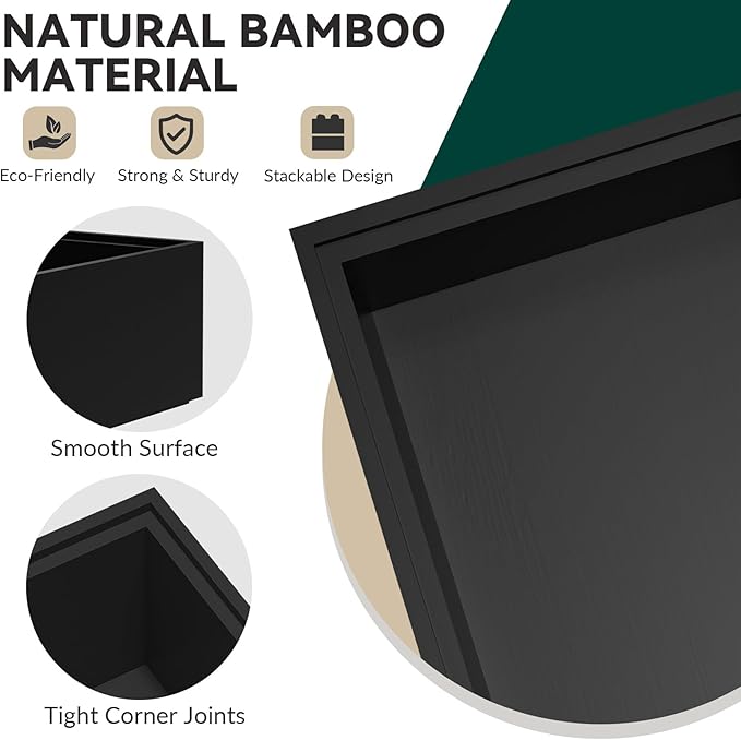Bamboo Drawer Organizer, Extra Large Silverware Organizer for Kitchen Drawer, Stackable Utensil Organizer, 2 Pcs Toilet Tank Topper Tray, Wooden Toilet Paper Basket (Black, 17 X 6 X 2 Inch)-Ruum Studio Home