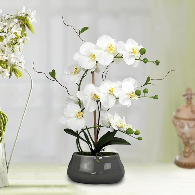 White Orchid Artificial Flowers with Gray Vase Large Silk Faux Phalaenopsis Flowers for Dining Room Table Floral Centerpieces Indoor Decoration-Ruum Studio Home