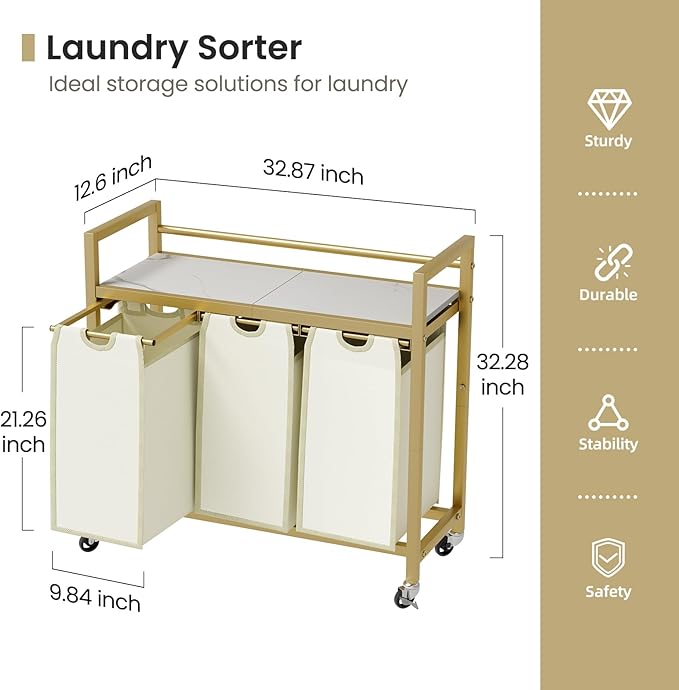 Laundry Hamper, Laundry Basket, Laundry Sorter with 3 Removable Bags, Clothes Basket with 3 Compartments, Wheels, Shelf for Laundry Room Bathroom Bedroom (3 Bags-Golden)-Ruum Studio Home