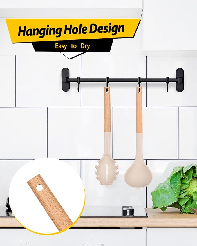 Silicone Pasta Fork and Ladle Spoon Set with Wooden Handle, Heat Resistant Non Stick Kitchen Utensils for Cooking, Stirring, Serving Spaghetti, Soup, Sauce(KHAKI)-Ruum Studio Home