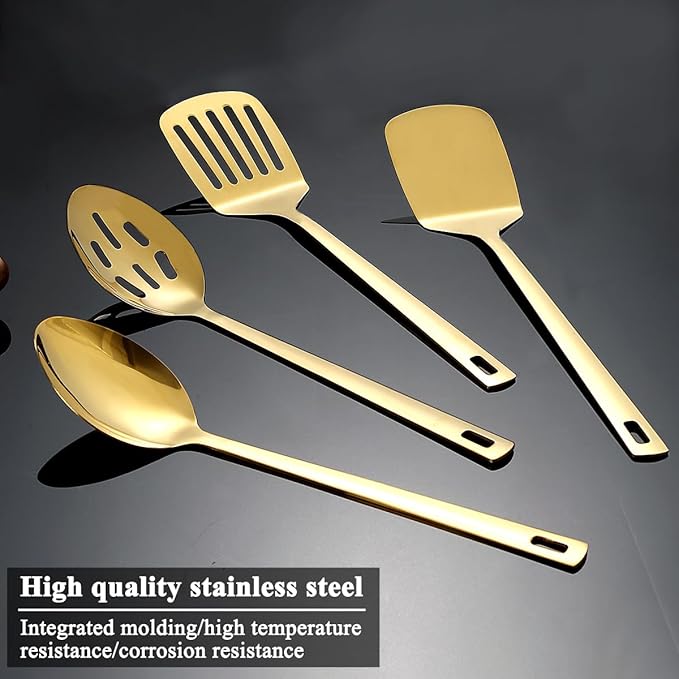 Homquen Gold Kitchen Utensils Set 4pcs, Titanium Gold Plating Stainless Steel Cooking Utensils Set, Kitchen Tools Spatulas Set, Cooking Spoons, Home Essentials Kitchen Gadgets Accessories-Ruum Studio Home