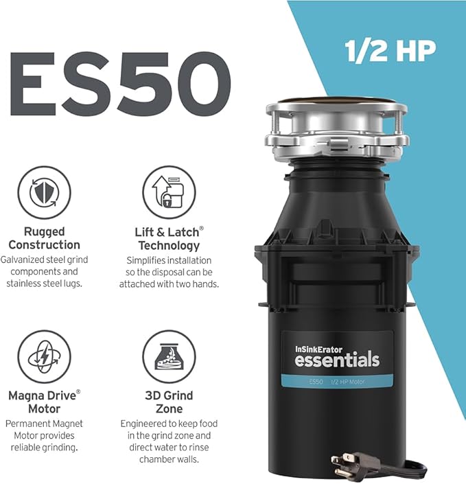 InSinkErator Essentials ES50 Kitchen Garbage Disposal with Power Cord, 1/2 HP Motor Continuous Feed Food Waste Disposer, ES50 W/C-Ruum Studio Home