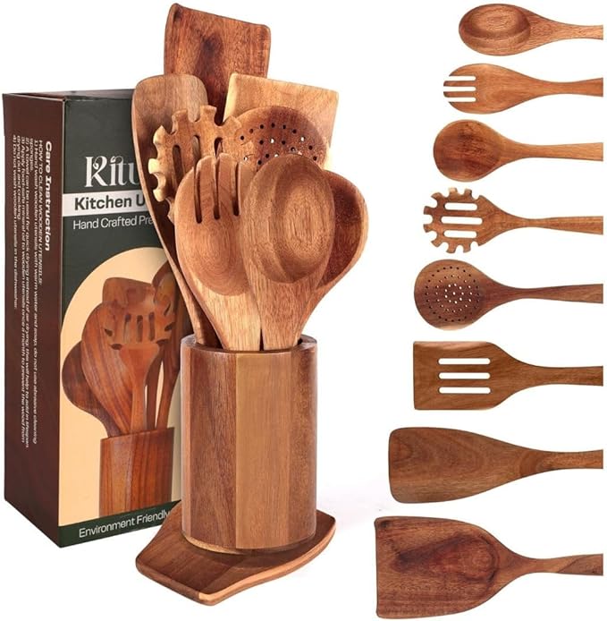 Wooden Spoons for Cooking Set of 10 - Cooking Utensils with Spoon Rest & Holder – Comfortable Grip & Easy to Clean - Wooden Spoon Set for Kitchen with four Hanging Hooks-Ruum Studio Home