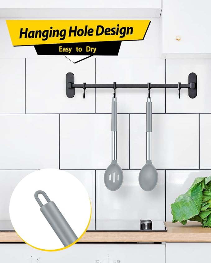 Pack of 2 Large Silicone Cooking Spoons,Non Stick Solid Basting Spoon,Heat-Resistant Kitchen Utensils for Mixing,Serving,Draining,Stirring (GREY)-Ruum Studio Home