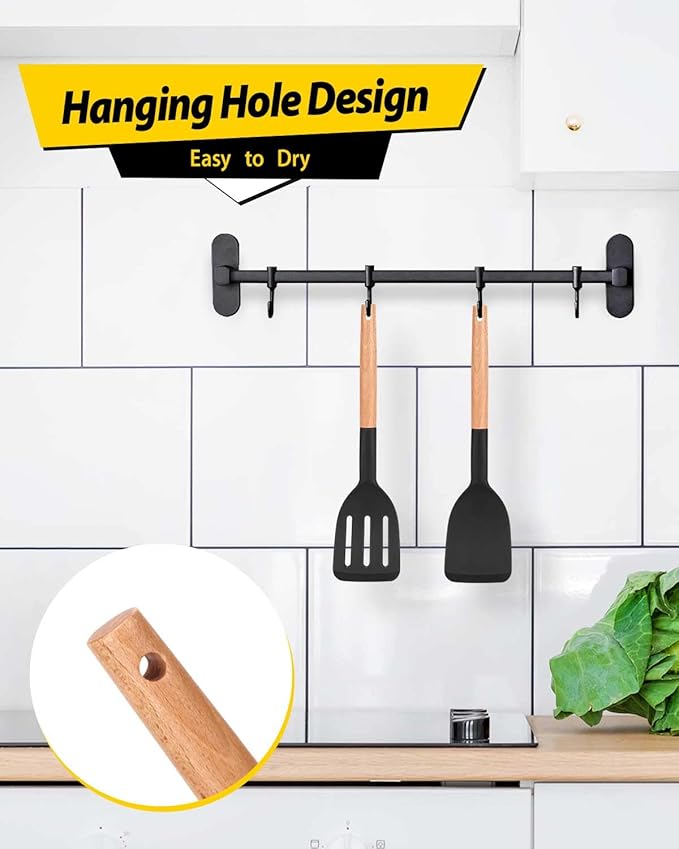 Pack of 2 Silicone Cooking Spatula, Heat Resistant Solid Turner, Non Stick Slotted Spatulas with Wooden Short Handle,Ideal Wood Kitchen Utensils Set for Frying, Baking, Flipping, Turning-Ruum Studio Home